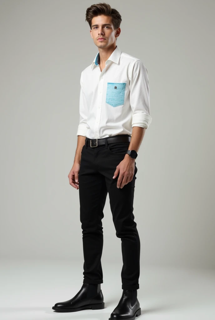Young man wearing a white 3-quarter sleeve Columbia-style shirt with turquoise blue detail on the pocket, black pants , black booties, black leather belt
