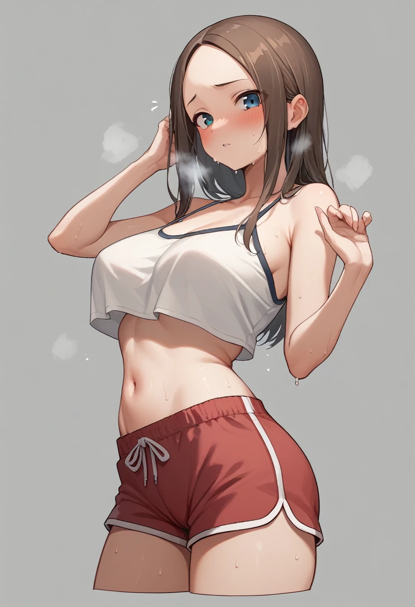 Round big breasts、、blush、Sweat、In the heat、takagi-san,Cropped camisole、Belly button、Dolphin Shorts、
{Highest quality}, {so beautiful}, {Very detailed}, {Best illustrations},Life、slim:1.5、Are standing、