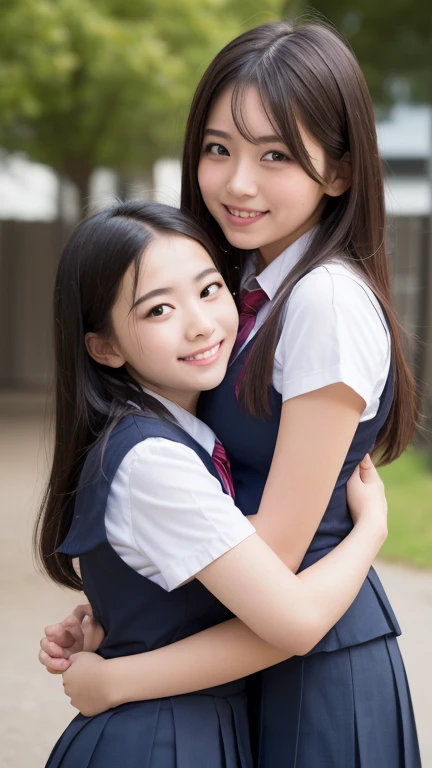 ((masterpiece)), ((Highest quality)), (Very detailed), ((cute)), cute, (likely), ((sexy)), (device), ((Very detailed)), 4K, (8k), Highest quality, (beautiful), hyper Genuineistic, Genuine, Dynamic Angle, whole body, (Two people, 2 cute girls:1.5), ((Schoolgirl Uniform)), ((beautiful eyes)), short hair, Hips, Large Breasts, A light smile, blush, (Wind effects:1.3), (like, hug:1.5)、whole body, Highest quality, shape, Very detailed, finely, High resolution, 8k wallpaper, 完璧なダイナミックな構shape, 美しくてbeautiful目,She's a gal,,blonde, ランダムなcuteヘアスタイル, Natural color lip,Beach, ランダムなcuteポーズ,