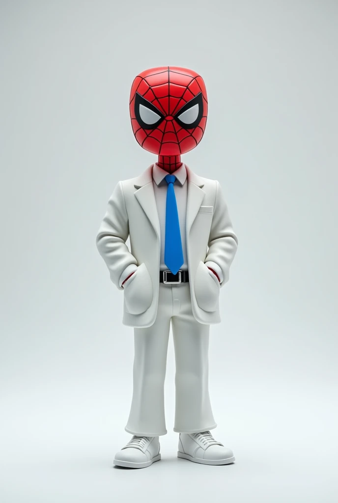 Create a funko pop with a white shirt, white pants, white coat and white tennis shoes, black belt and blue tie with the original Spiderman mask on