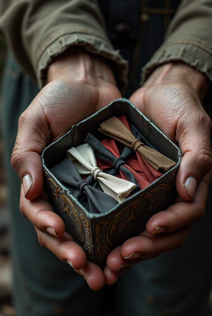 A mysterious metal box with carvings on the outside. An inscription in a strange language on the forehead. open lid. Held by a simple man&#39;s hand with nails full of dirt.  Inside a collection of fine bows typical of panties:
2 thin black bows 1 thin white bow 2 super thin black bows 2 medium red bows All bows are subtle
