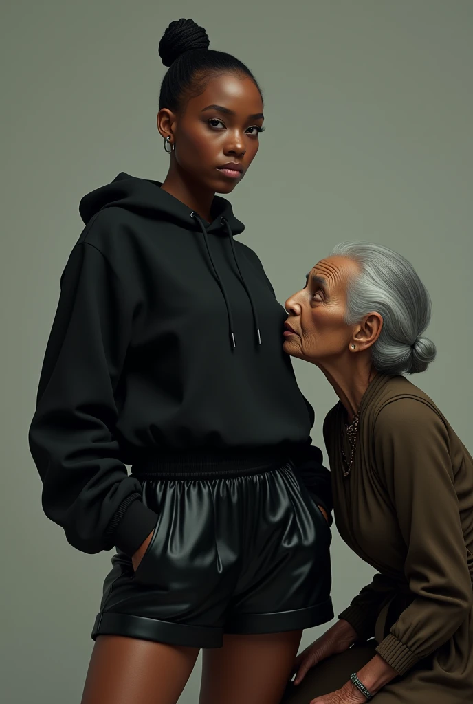 black woman hair in a bun black hoodie black leather short shorts a old grandma in a dress on her knees kissing her ass behind her