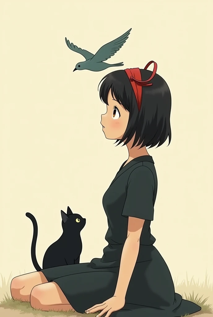 Animated scene of a woman with a cat and a bird, Scrape delivery service, Kiki&#39;s Delivery Service, Ghibli anime style, by Miyazaki, Ghibli anime style style, Miyazaki anime films, Miyazaki Movies, Studio Ghibli Anime, studio ghibli and shinkai makoto, Miyazaki Movies, Studio Ghibli Animeーション, Ghibli anime movie simple background, Simple eyes、The cat is black、Faint Lines、Black Hair, Bob、Ghibli-style colors, Headbands with red ribbons、Black dress.Simple eyes、Non-sparkling eyes、black eye、Ghibli-style eyes