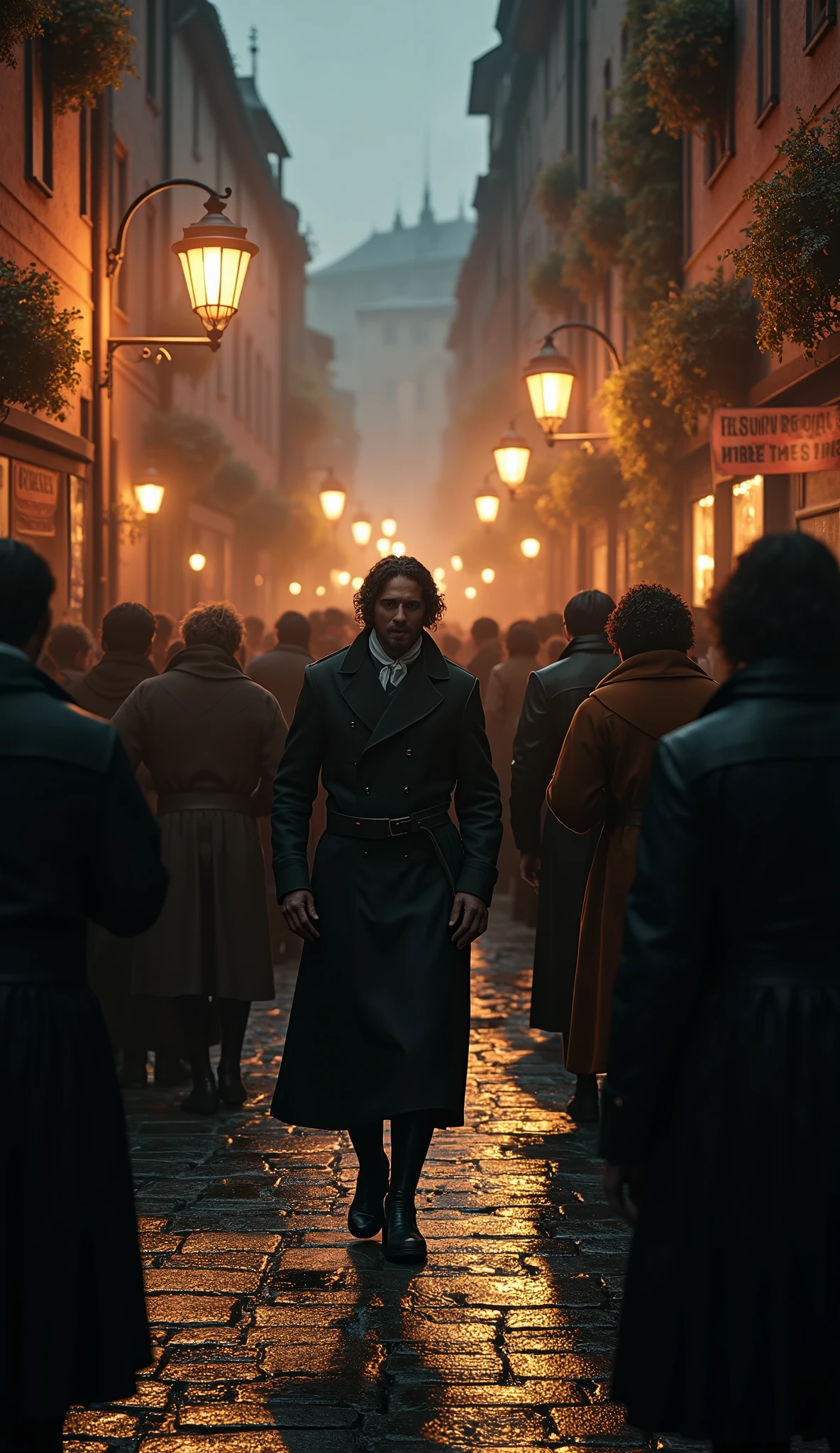 Close-up shot, Low angle shot, (A chaotic street scene in a European city, with townspeople murmuring and looking over their shoulders in fear. Posters on the walls warn of the "invisible hand" of the Illuminati, with ominous symbols and warnings in bold letters. The crowd, dressed in 18th-century garb, is a mix of fear and suspicion, their faces lit by the eerie glow of lanterns. The cobblestone street is wet from a recent rain, reflecting the light and adding to the ominous atmosphere.) unreal engine, cinematic, hyper-real, highly detailed, Ultra realistic HD --q 2 --v 6.1 --ar 9:16  