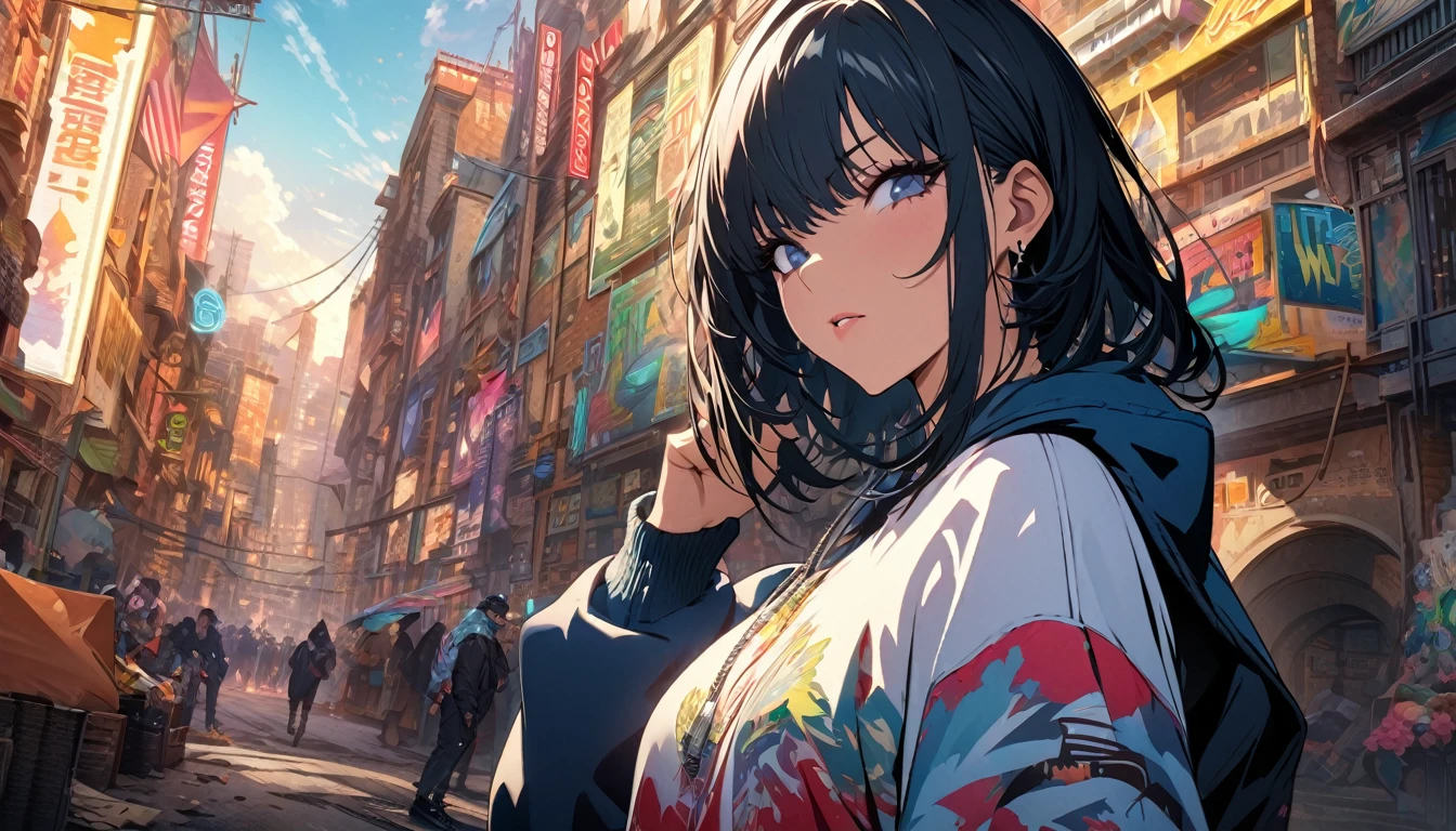 masterpiece, Highest quality, Highly detailed CG Unity 8K wallpapers, This illustration is based on a rapper and is a very cool woman.. that'big, Sharp eyes and a knitted hat covering the face. Wear a hood over a knit hat. Wear pants. She is wearing black high-top boots.. I was holding a big, Painted walls. The background is a realistic dark slum. Spotlight Light. Bokeh Photo, (soft) concentrate):1.2, out of concentrate highlights, Dreamy atmosphere, Glowing circle, Fascinating Depth, Written boundary depth