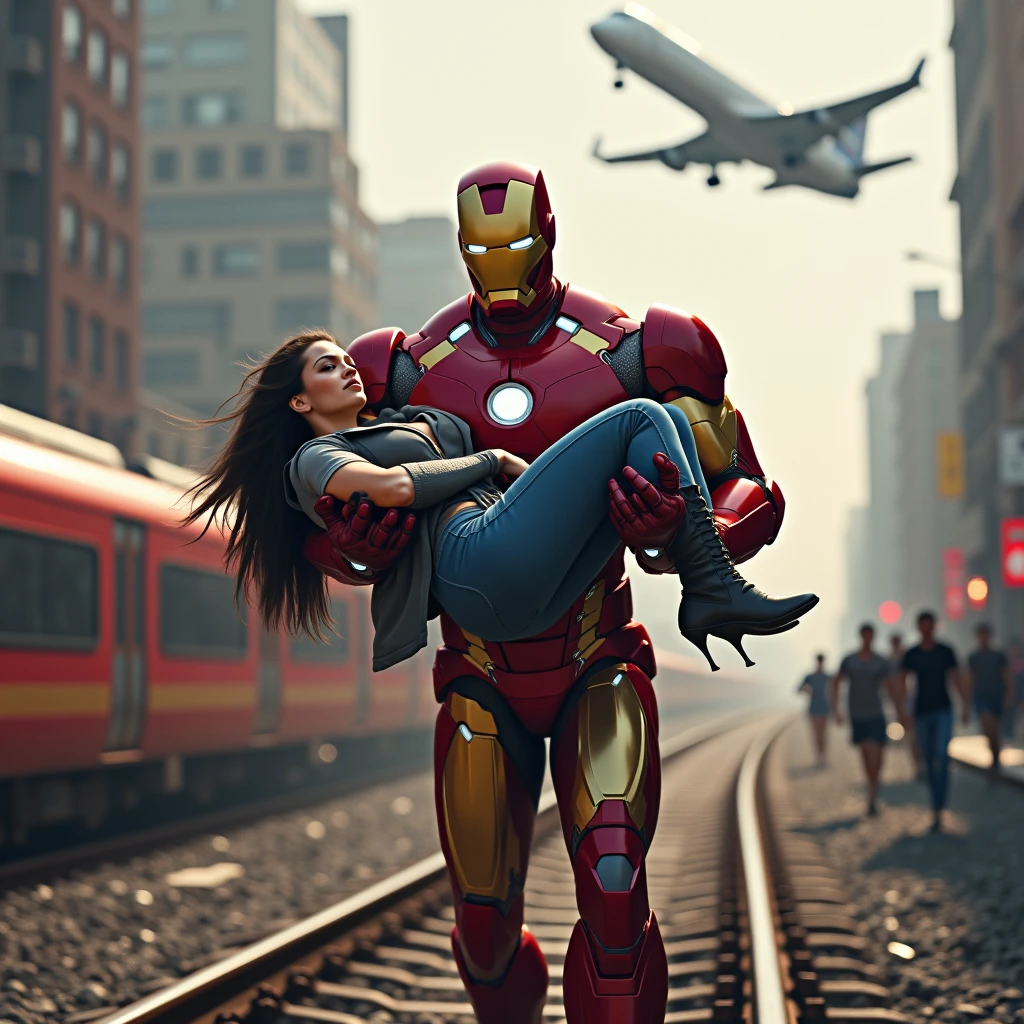 The image shows the Ironman carrying an unconscious or injured woman while standing on train tracks in a cityscape. Behind him, there's a high-speed train and a jet flying overhead. The scene is chaotic, with people in the background running away in panic. This is another digitally manipulated or AI-generated image, blending superhero elements with a dramatic, action-packed setting. The Ironman, with his immense strength and iconic Red appearance, is depicted as a protector or savior in a dire situation.