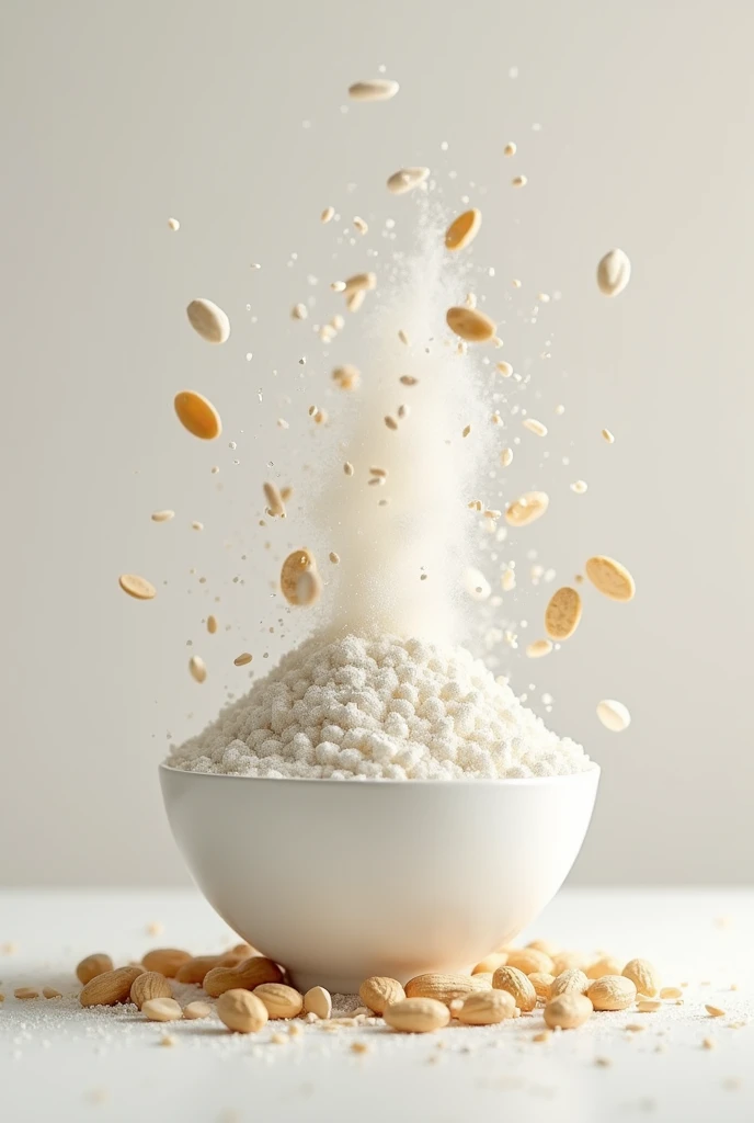 A bowl full of white powder. Falling rice, peanut and white sesame