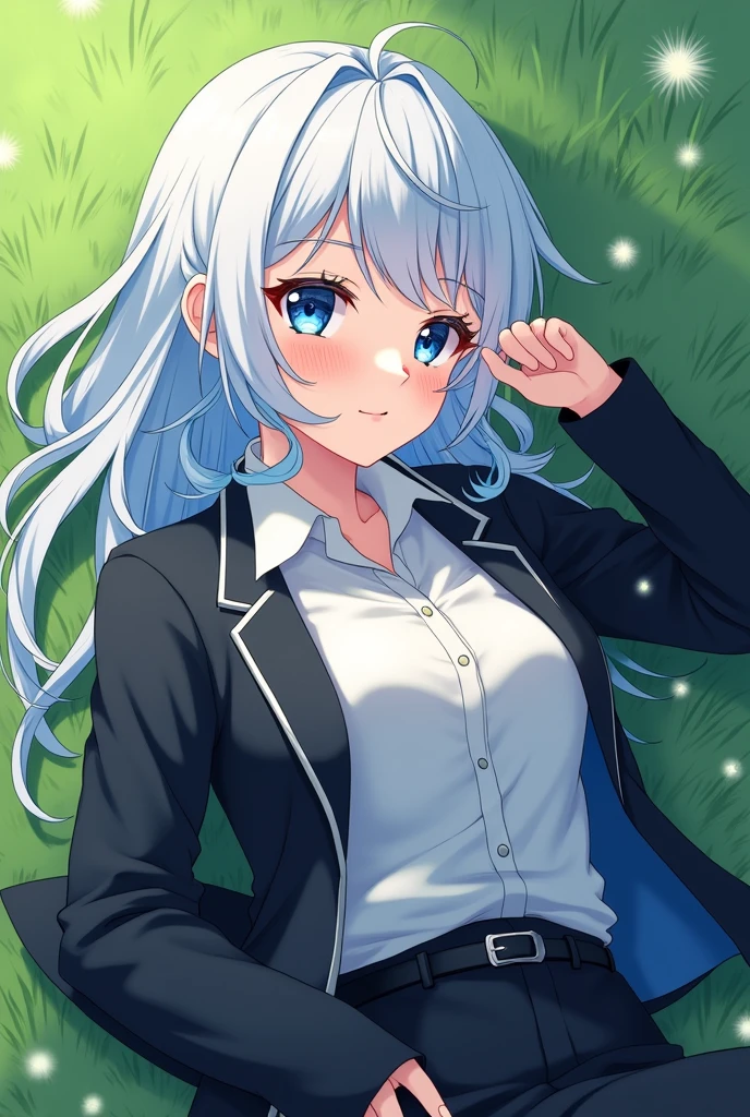 pretty girl, lying on the grass, white hair with some blue curls, the left eye is blue and the right eye is dark blue, with a white button down shirt with a black jacket, The nose is bleeding but a little, all that anime style, Please