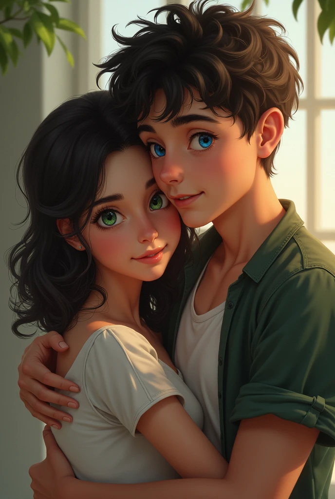 A handsome black-haired, blue-eyed boy hugging a green-eyed girl from behind, covering one of his eyes with one hand, realistic art 