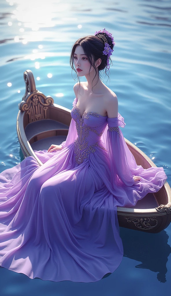 a woman in a purple dress sitting on a boat, anime girl cosplay, full body xianxia, a beautiful fantasy empress, elegant glamourous cosplay, anime goddess, sexy dress, beautiful goddess, ((a beautiful fantasy empress)), queen of the sea mu yanling, anime cosplay, sakimichan, sha xi, gorgeous chinese model, tall thin beautiful goddess