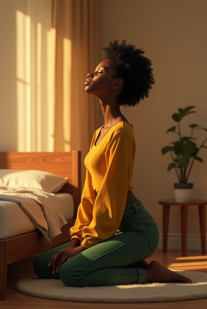 create a realistic image of a beautiful 1 black girl, her name is Anny(short curly hair, brown dark eyes, turned legs, long yellow women's shirt, green jeans, bent at the bar), she is kneeling on the floor next to the bed, with eyes closed, hands open and together on the leg