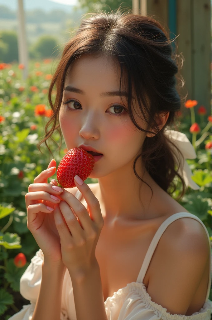 Woman eating strawberries