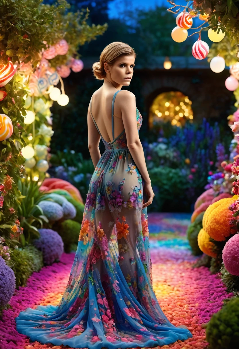a detailed photo of Kate Mara in a sheer colorful gown without underwear, strolling through a candy land garden in full bloom on a moonlit night, sultry poses, mainly viewed from behind, best quality,4k,8k,highres,masterpiece:1.2,ultra-detailed,realistic,photo-realistic:1.37,HDR,UHD,studio lighting,ultra-fine painting,sharp focus,physically-based rendering,extreme detail description,professional,vivid colors,bokeh,portrait
