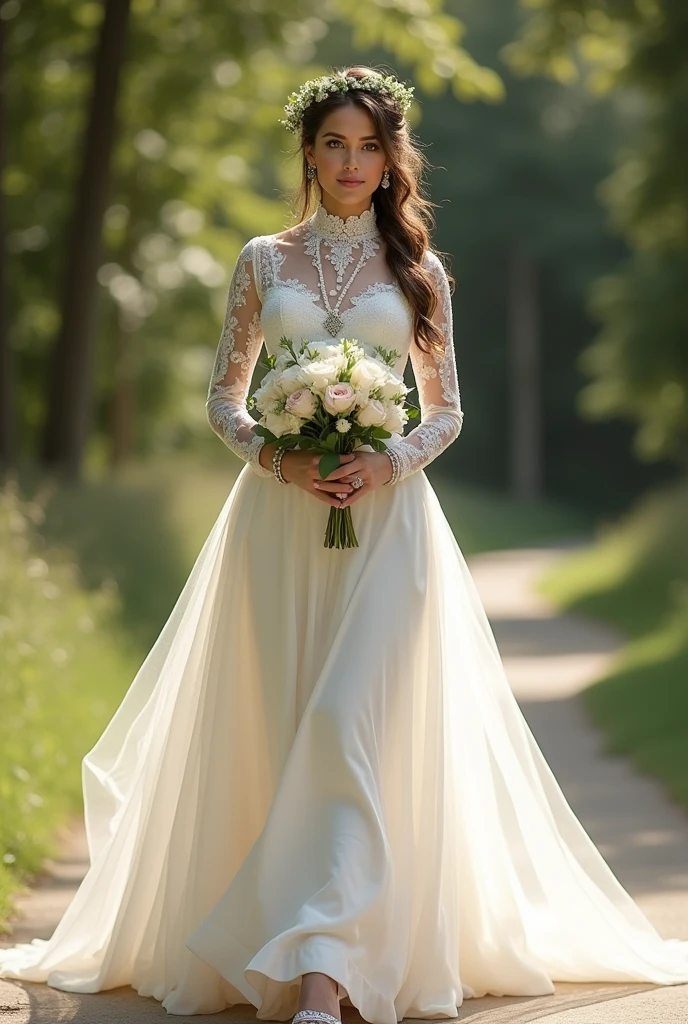 Full body beautiful and lovely white skin latin woman, 5'7" tall, ponytail medium brown hair, deep green eyes, wearing beautiful modest high neck victorian style long white wedding dress, lace long sleeves, shoulder, breast and neck hidden by lace, victorian style high up collar, happy smile, walking outside, high hill sandals, summer sunny day, wtrath over head, bracelet, neck chain, bouquet of flowers on hands