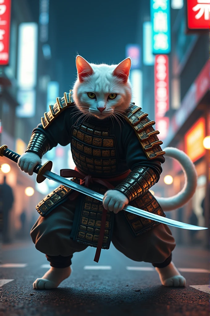 White cat in samurai costume fighting in Tokyo at night