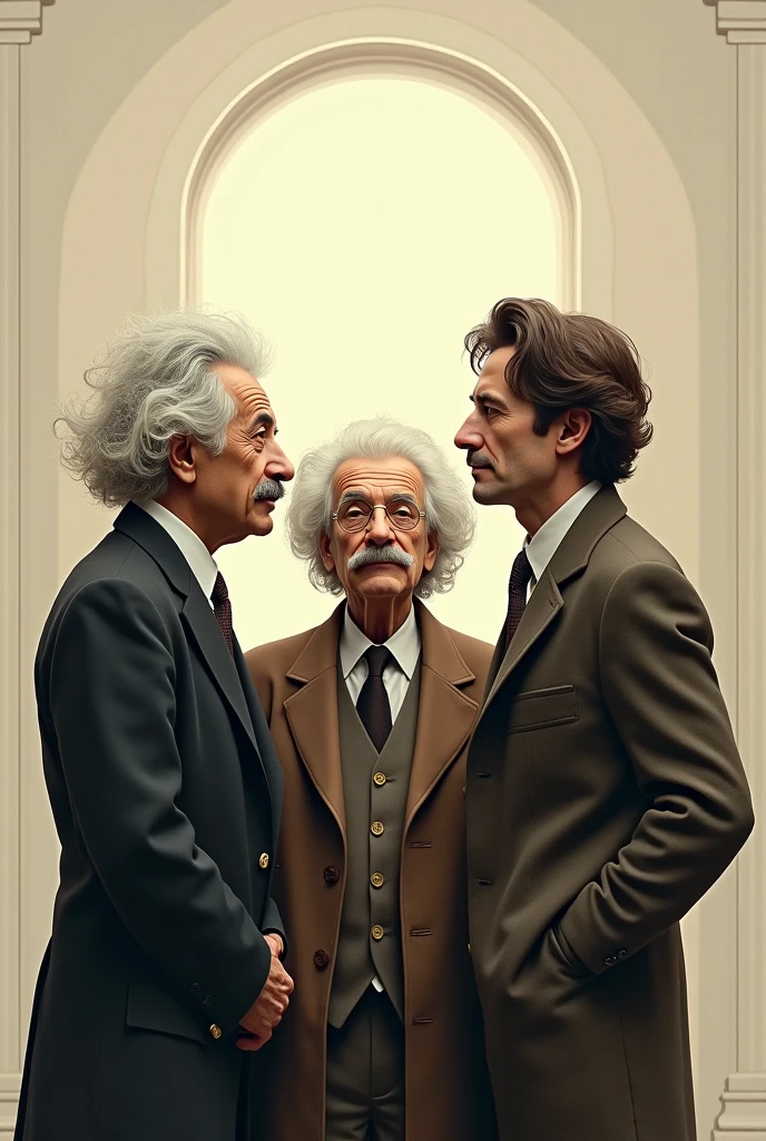 Create a 2D image where Albert Einstein, Richard Feynman and John Lennon with curly hair are, in the middle of the page put a blank box