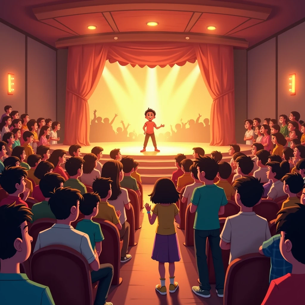 (highest quality, 4k, masterpiece:1.3), A scene inside an auditorium filled with people sitting on chairs, all facing towards the stage. The audience is diverse, with men, women, and children, all dressed in casual or traditional clothing. They look engaged, some clapping, others smiling, as they watch a young girl perform on stage. The room is warmly lit, with soft ambient lighting and the glow from the stage highlighting the audience's faces. The background shows soft curtains, warm stage lighting, and a playful, joyful atmosphere, matching the animated, 2D cartoon style.