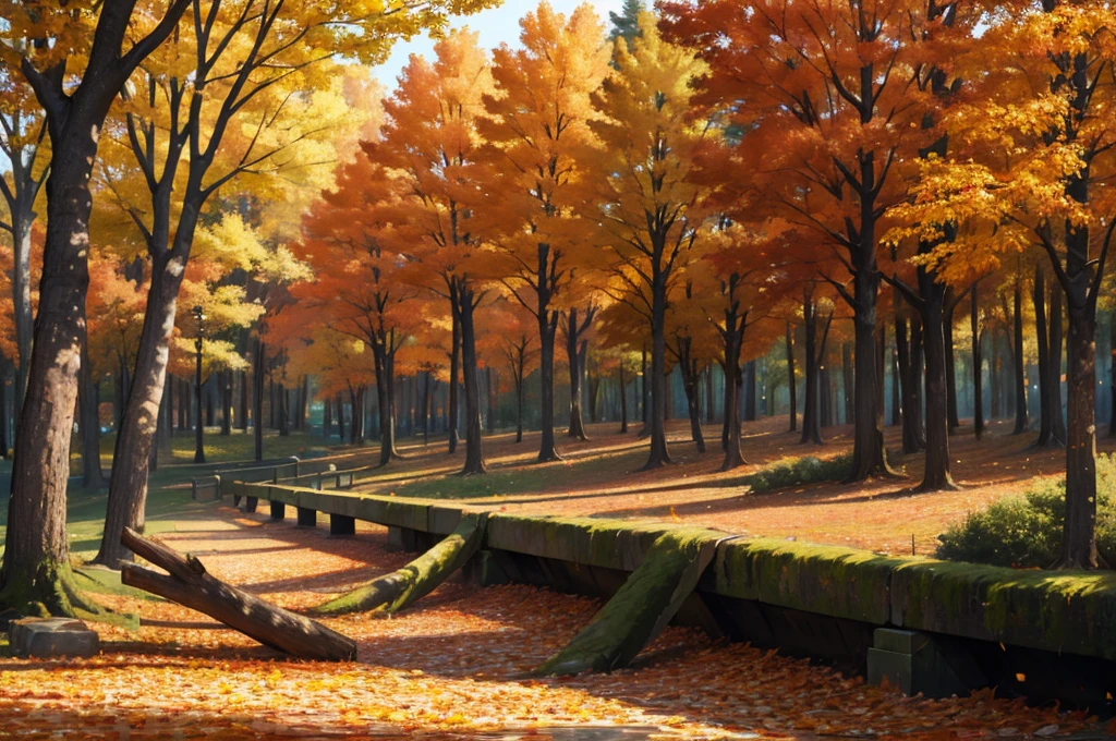 autumn trees background, fallen leaves, park, forest, sunny