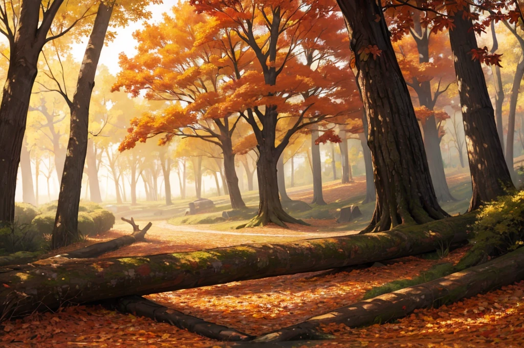 autumn trees background, fallen leaves, park, forest, sunny