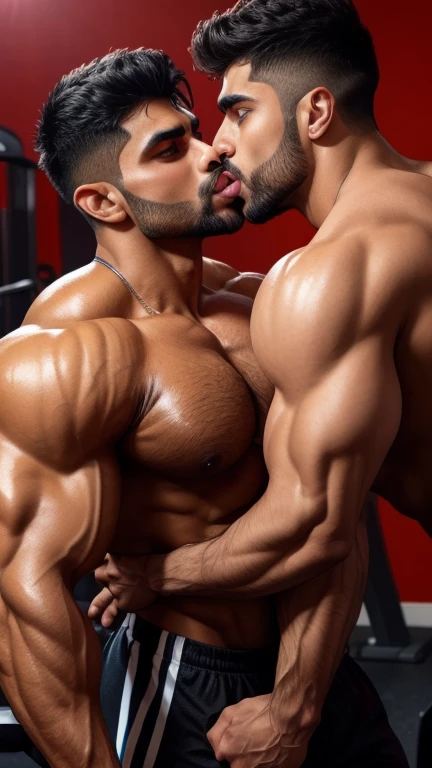 Pehlwan man Indian Gurjar gay couple wetty mouth to mouth tounge to tounge kissing and sucking lower lip, bitting lower lip during kissing saliva dripping from mouth with big shinning eyes big lips wide jawline beautiful hunk face spiky black hairstyle, seductive kissing in gym during sweat running from body