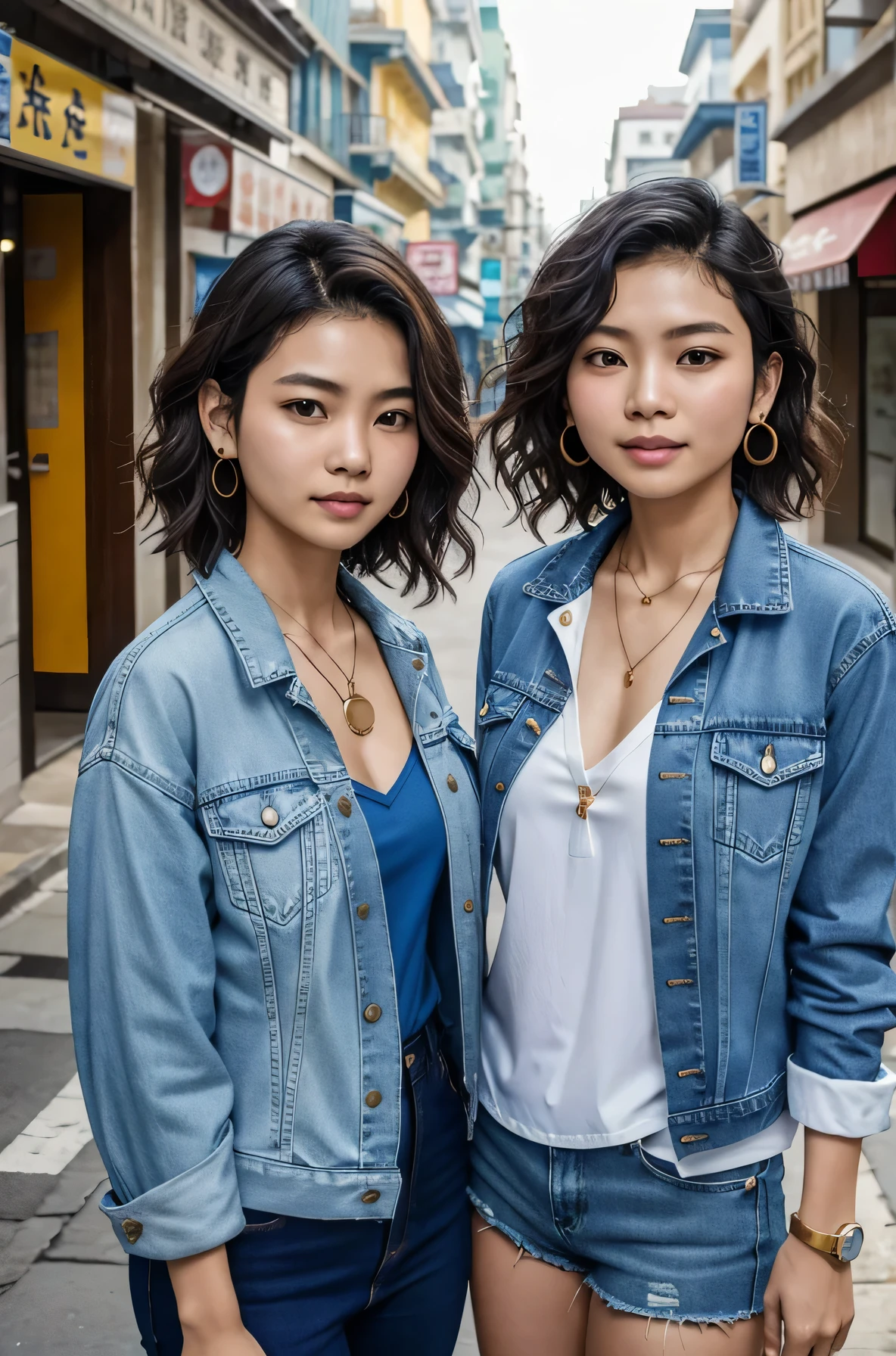 Two neat and clean Southeast Asian women、、short hair、Wavy Hair、Please open your mouth a little、Denim jacket、shirt、ear piercing、necklace、、The background is a city street
