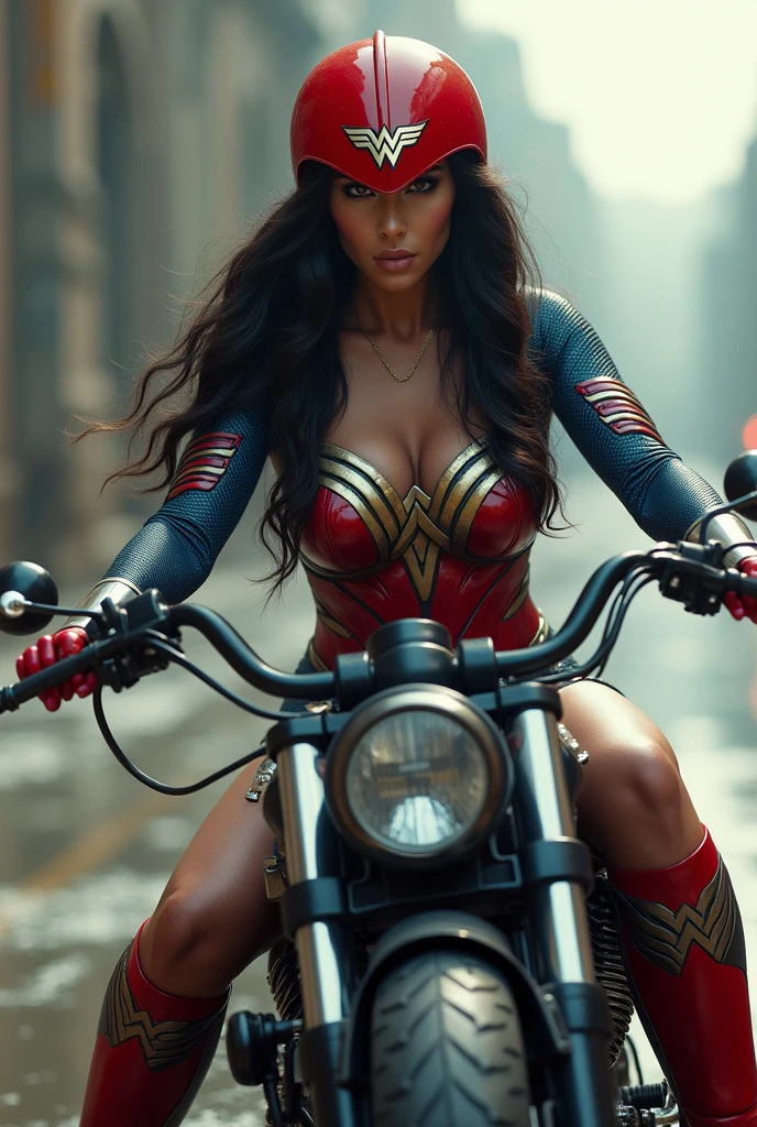 (((From extreme close-up a beautiful black-haired woman under the cloak of the Amazon warrior Wonder Woman wearing a navy blue leather jumpsuit with scales covering her neck,torso and forearms (((Red corset in armor))) red helmet with Wonder Woman emblem on the front long red boots up to her knees riding a big red futuristic high displacement motorcycle Wonder Woman logos on the motorcycle)))