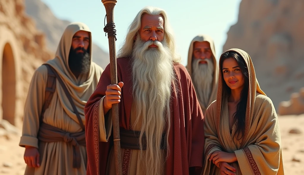 prophet man with a very big beard, and with a staff in his hand with his family