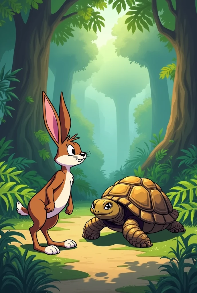 Create a image anime style cartoon The Tortoise and the Hare Once upon a time, in a big forest, there was a Hare and a Tortoise. The Hare was fast, and the Tortoise was slow. The Hare always teased the Tortoise for being so slow.