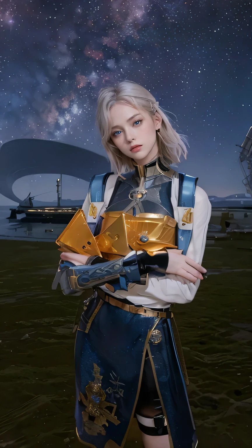 A beautiful woman. 20s. Blonde hair and blue eyes. Short hair. She is looking at the camera with a defiant expression. She wears a silver metallic battle uniform. There is something on his waist that is reminiscent of Kamen Rider's transformation belt. In her background is an image of outer space and a giant space battleship. A masterpiece.