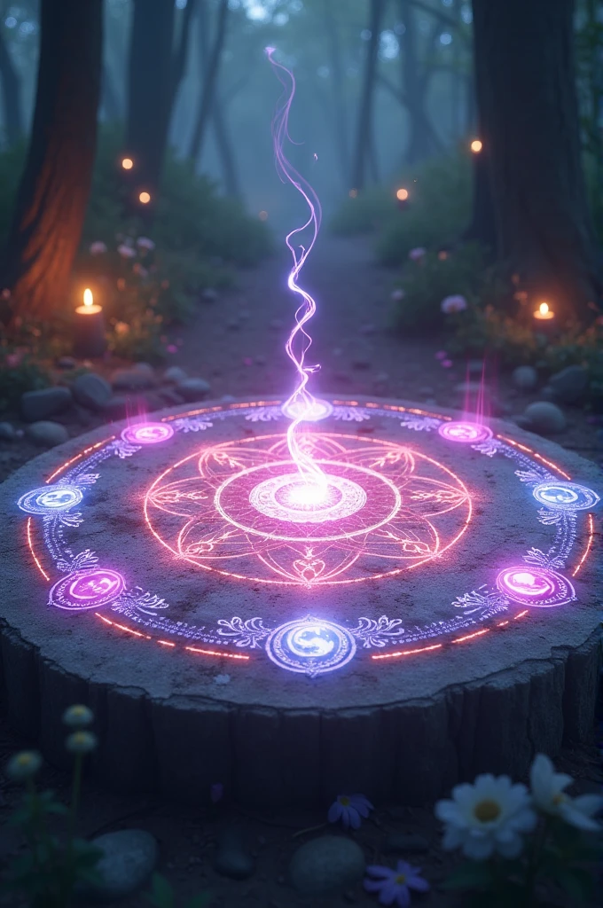 Fairy tale magic circle
Color: pink, purple, blue
Soft not chaotic
Withe enchanted symbols
5 magic elements