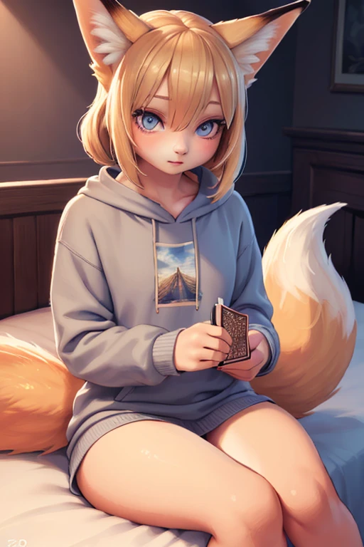 1 girl, blonde hair, animal ear hair, fox girl, multiple fox tails, oripathy injury, gray sweatshirt set, holding own tail, diary notebook in hand, sitting on bed, girl's bedroom, (best quality,4k,8k,highres,masterpiece:1.2),ultra-detailed,(realistic,photorealistic,photo-realistic:1.37),detailed eyes,beautiful detailed lips,extremely detailed eyes and face,long eyelashes,illustration,digital painting,vibrant colors,dramatic lighting,cinematic composition