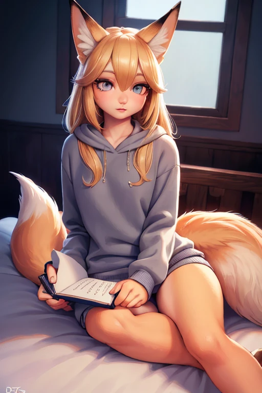 1 girl, blonde hair, animal ear hair, fox girl, multiple fox tails, oripathy injury, gray sweatshirt set, holding own tail, diary notebook in hand, sitting on bed, girl's bedroom, (best quality,4k,8k,highres,masterpiece:1.2),ultra-detailed,(realistic,photorealistic,photo-realistic:1.37),detailed eyes,beautiful detailed lips,extremely detailed eyes and face,long eyelashes,illustration,digital painting,vibrant colors,dramatic lighting,cinematic composition