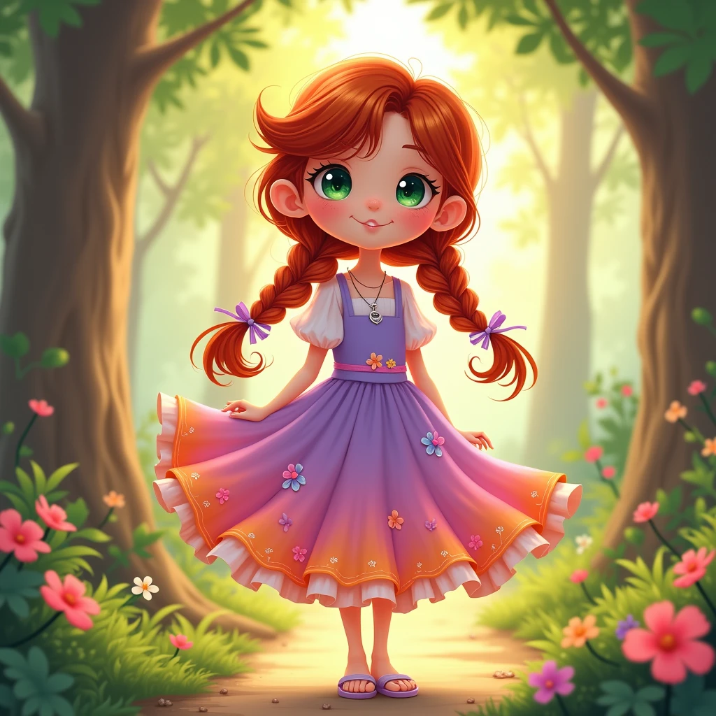 1girl, She wears a vibrant, flowing dress with a layered skirt, reminiscent of a flower petal. The top half of the dress is a soft lavender, while the skirt is a gradient of pinks and oranges, ending with a ruffled hem. She wears simple, white sandals, and a delicate silver necklace with a small, crescent moon pendant. Her dress is adorned with tiny, embroidered flowers in various shades of pink, purple, and yellow. Long, flowing, and a vibrant shade of crimson red hair. Her hair is braided into two thick braids that hang down her back, with delicate ribbons woven in. Large, emerald green eyes that sparkle with a mischievous gleam. They have a youthful innocence, yet hint at a hidden strength. Fair skin, with a soft, rosy glow. Warm, golden sunlight filtering through the trees, creating dappled light and shadows. The scene is bathed in a soft, enchanting glow. Playful, whimsical, and magical. The artwork should capture the girl's youthful energy and sense of wonder, highlighting the fairytale atmosphere of the scene. The overall mood should be lighthearted and charming, suggesting a world of enchantment and imagination. details scenery, details lighting, details shadow, details texture, details hair, details eyes, details skin, details lips, details clothing and accessories, details lineart, (best quality:1.2), (masterpiece:1.2), (very aesthetic:1.2), (ultra detailed:1.2), (4k:1.2), perfect anatomy, perfect proportion, perfect drawn, newest, ai-generated, safe, score_9, score_8_up, score_7_up, rating_safe, source_anime