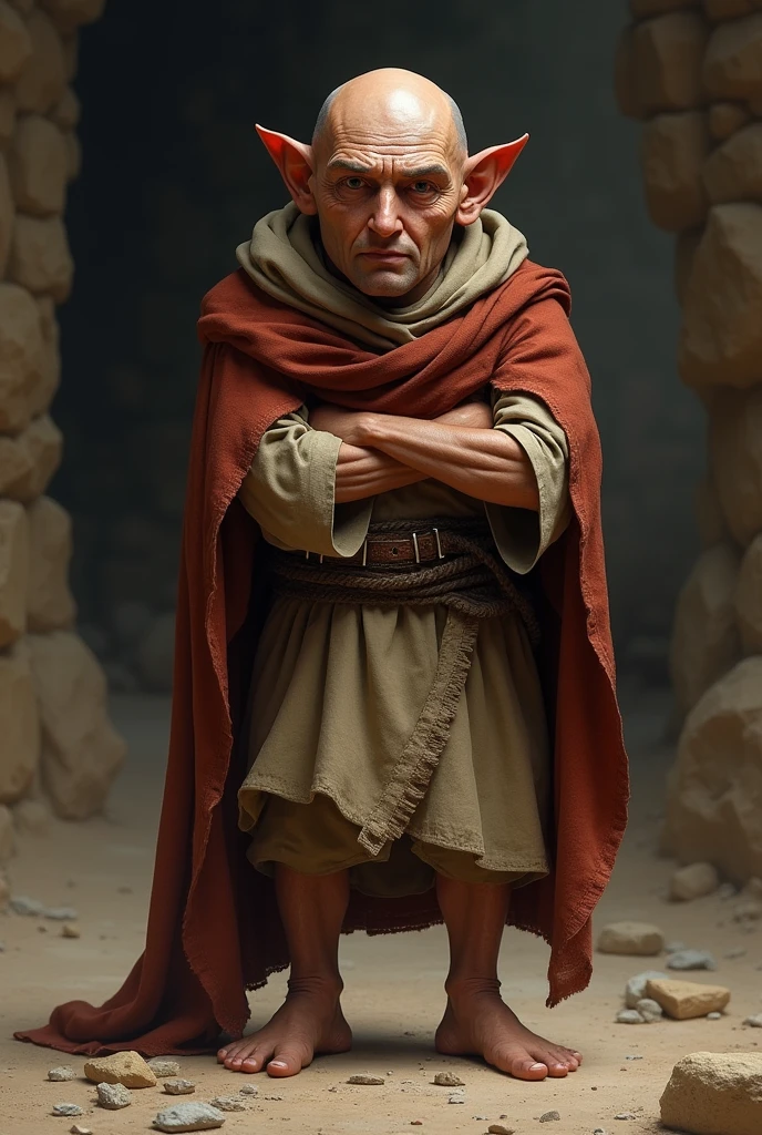 man of Jewish origin of small stature, calvo, having crooked legs, stark, with furrowed eyebrows, with a slightly pronounced nose. Your clothes must be from the 1st century. show the whole body 