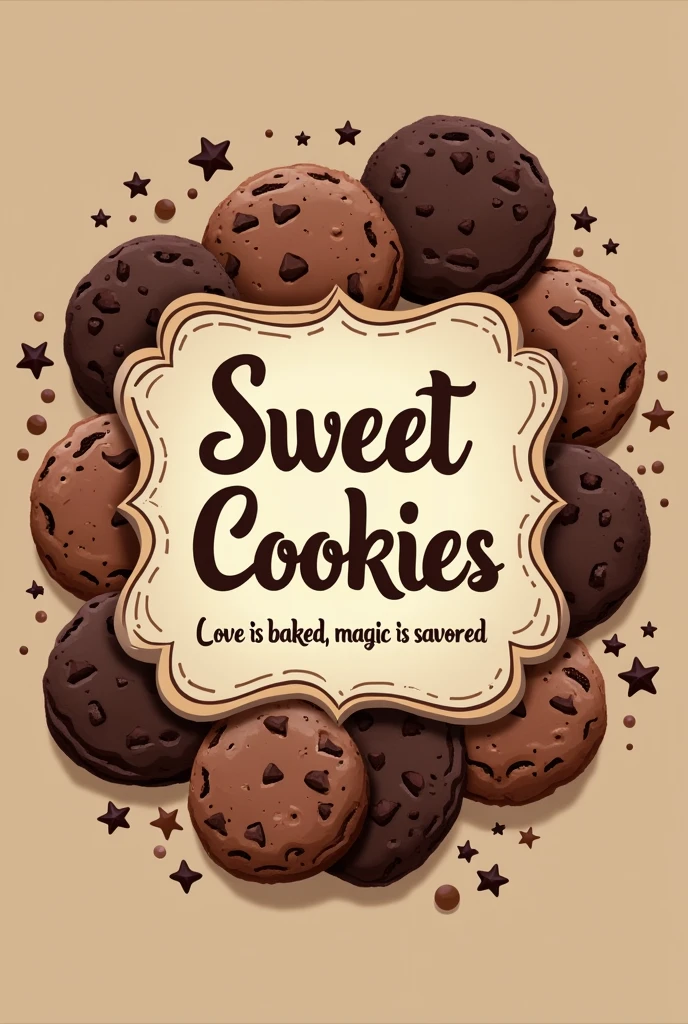 Logo for selling chocolate cookies with the name Sweet Cookies and the slogan Love is baked, Magic is savored, with a background of cookies and such and warm brown colors