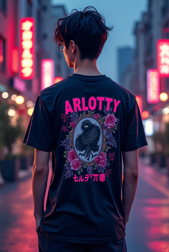 Make a squad tshirt with nickname "Arlotty" in the back and the squad name is "The Night Core". a Japanese young man around 19 is wearing it