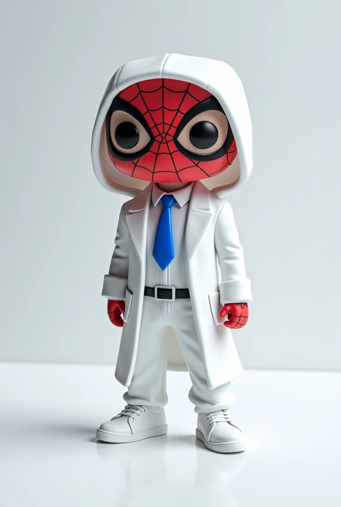 Create a funko pop with a white shirt, white pants, white coat and white tennis shoes, black belt and blue tie with the original Spiderman mask on