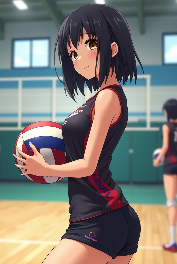Make a brunette girl with shoulder-length black hair and light brown eyes and she is thin but not too thin and she is from Karasuno and they are in the Karasuno haikyu gym