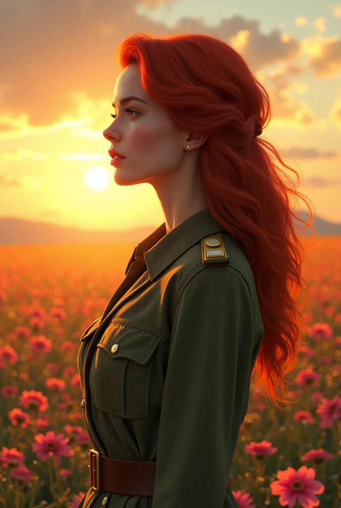 A red-haired woman with fine features, in profile in a field of flowers in the middle of the sunset, with military green clothing 