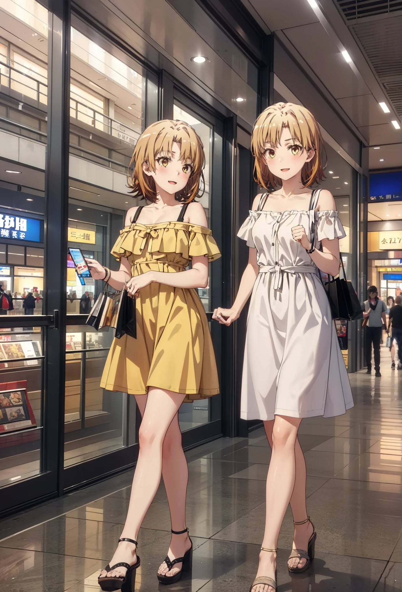 Irohaisshiki, isshiki iroha, short hair, Brown Hair, (Brown eyes:1.5), smile,Open your mouth,smile,Off-the-shoulder yellow dress,mini skirt,Cute heeled sandals,Walking,whole bodyがイラストに入るように,
break indoors,Shopping mall, 
break looking at viewer,whole body, (Cowboy Shot:1),
break (masterpiece:1.2), Highest quality, High resolution, unity 8k wallpaper, (figure:0.8), (Beautiful attention to detail:1.6), Highly detailed face, Perfect lighting, Highly detailed CG, (Perfect hands, Perfect Anatomy),