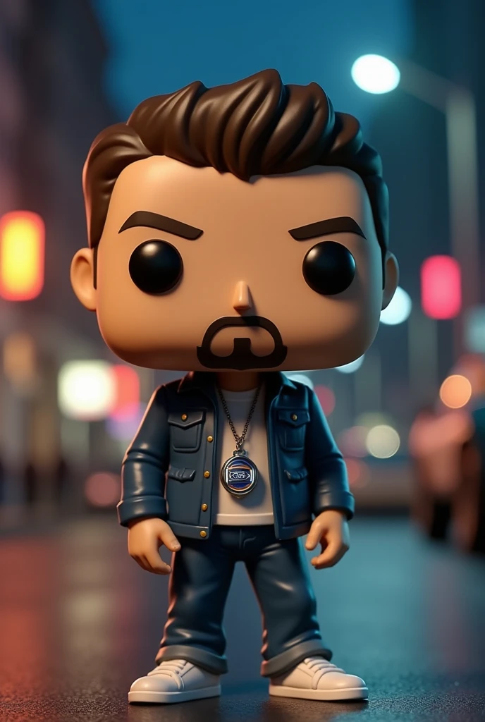 Create a funko pop of a 2 boy with a goatee and a bit of a mustache with a necklace that shows a 2013 Ford Kuga and a street at night in the background