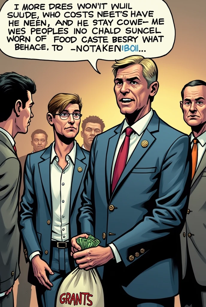 create a comic strip based on this;
Panel 2:
Description: the state, with a formal suit, holding a bag of money labeled “Grants”.
State Dialogue: “I'm going to help reduce the cost of food!”