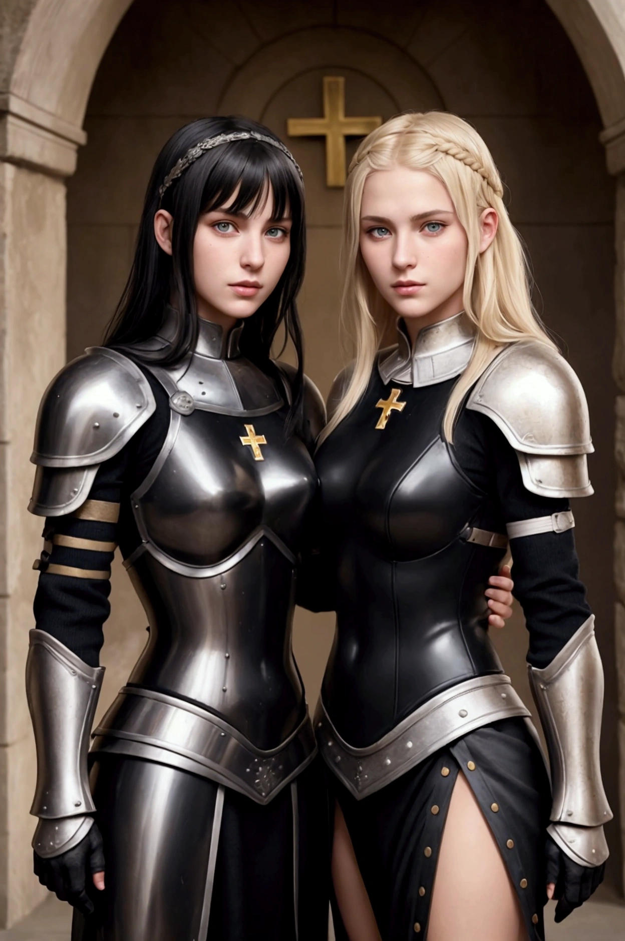 2 females, sisters portrait, break: 1 sister, german womens, blonde, catholics, nazi , black hair,blondes perfect face, detailed face, warriors roman, using sexy armor , soft lesbians, sexy, full body, break: 2 sister, german womens, black hair, catholics, nazi , black hair,blondes perfect face, detailed face, warriors roman, using sexy armor , soft lesbians, sexy, full body