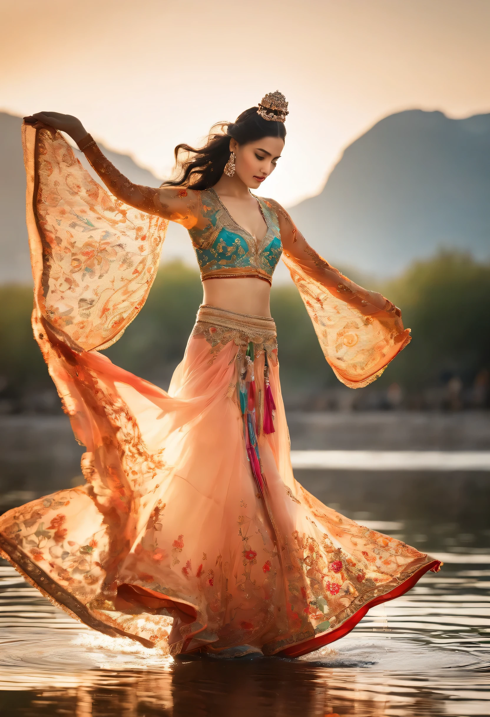 arab beauty stands and dances on the water, gorgeous costumes embroidered with intricate embroidery, flowing tulle, transparent long colorful ribbons tied on the arms, inspired by Dunhuang Flying Apsaras murals, showing navel, bare shoulders, bare neck, Black curly hair in a high bun with flower hairpins, ribbons on arm rings, wreaths, bracelets, anklets, metal chain tassels on the waist, Mogao Grottoes art, ink painting, cgstation pop