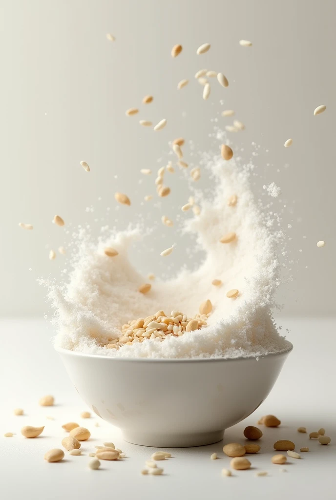A bowl full of white powder. Falling rice, peanut and white sesame