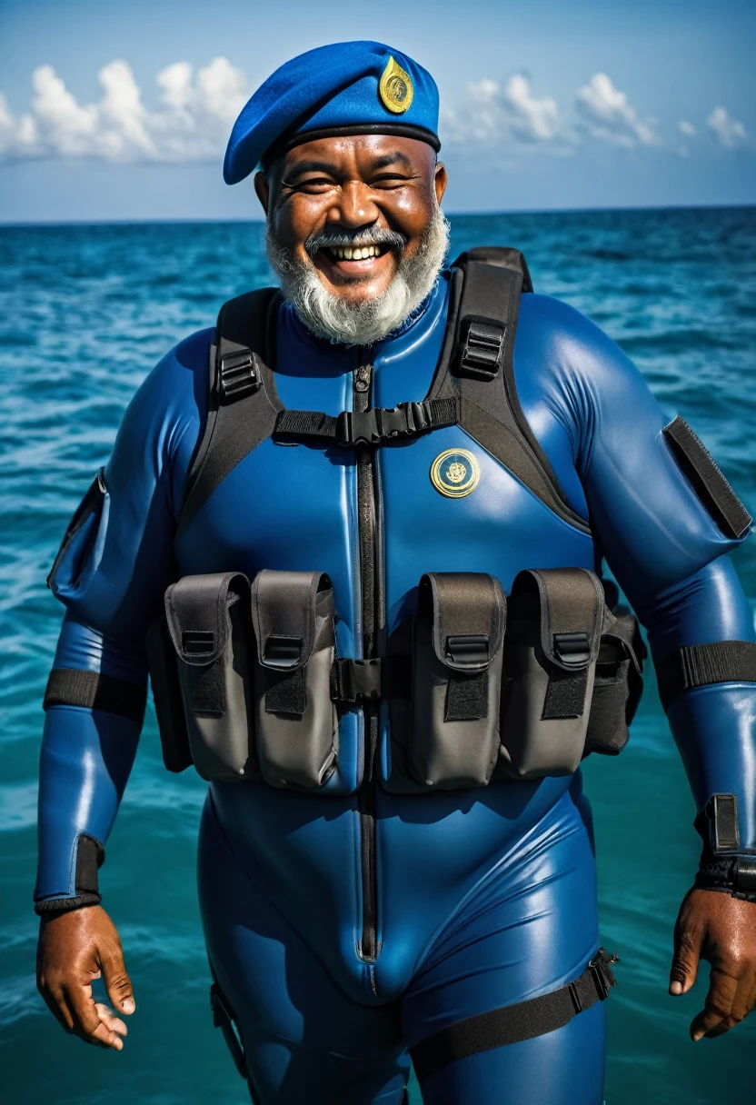 (a dark-skinned bearded fat chubby old man in a bulky blue zipper diver suit) patrolling in the sea, carrying a gun and (wearing army beret), muscular, Basuki Abdullah, sumatraism, action-packed atmosphere, a character portrait, heroic, fierce expression, smiling, dramatic shadows and intense highlights, cinematic color tones, high detail, professional, best quality image