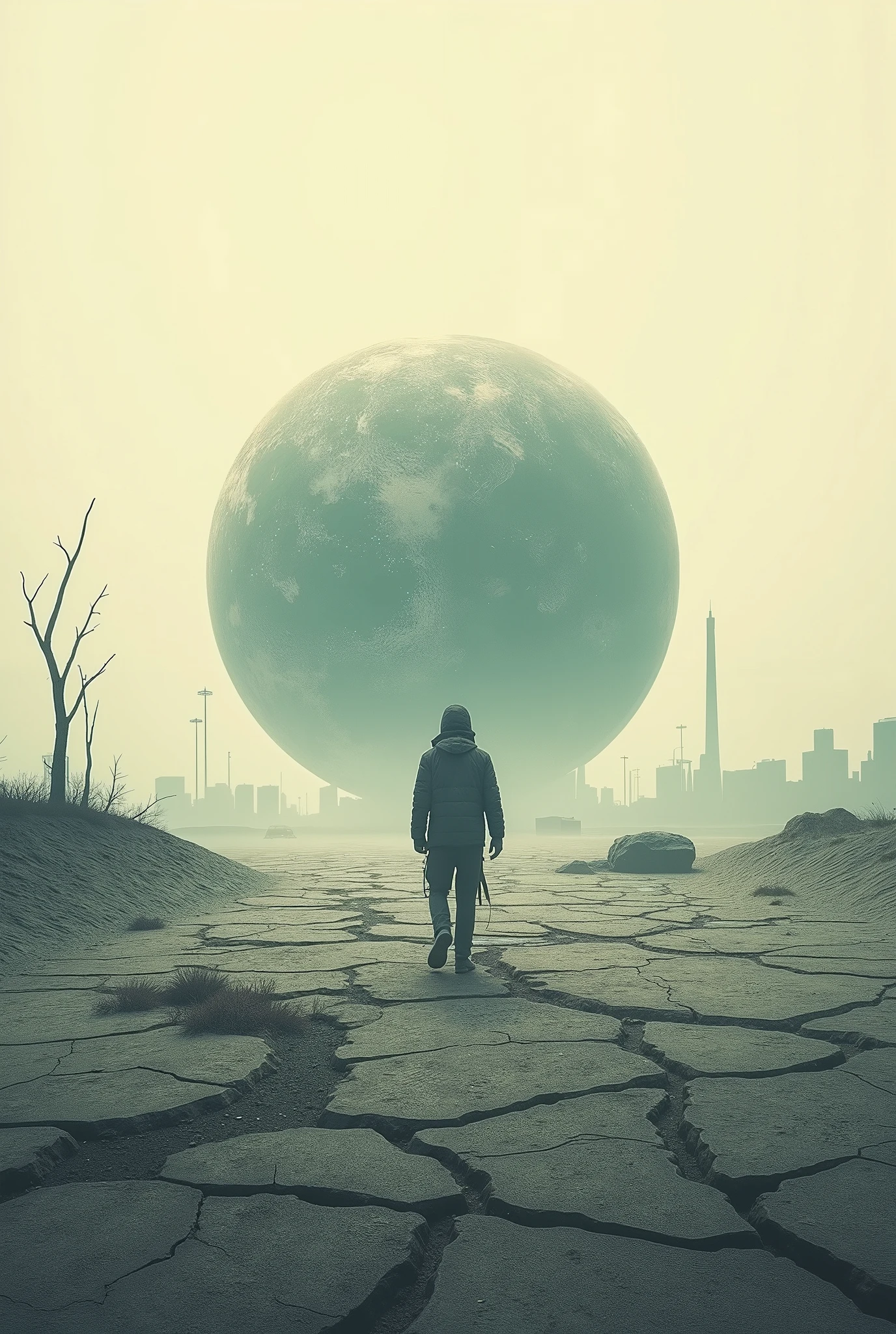 Make me a picture of the earth with a simple drawing of a future where humanity finished off the water (H²O)