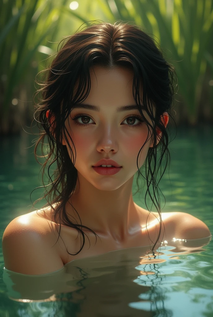 close up portrait of a cute woman (gldot) bathing in a river, reeds, (backlighting), realistic, masterpiece, highest quality, lens flare, shade, bloom, [[chromatic aberration]], by Jeremy Lipking, by Antonio J. Manzanedo, digital painting,