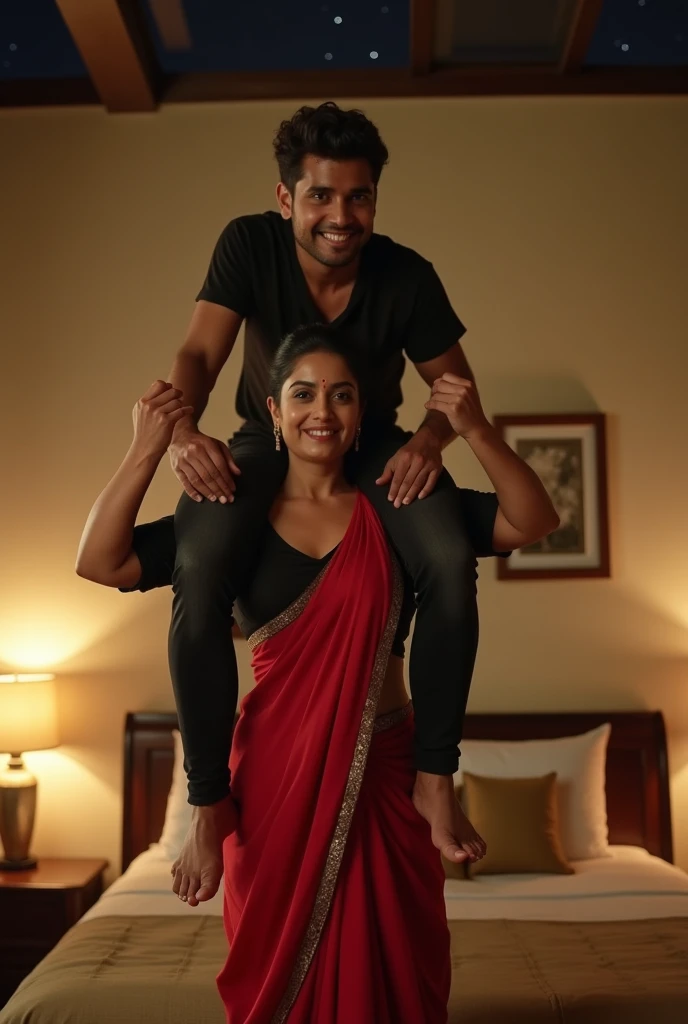 Beautiful and Slim Indian woman Aishwarya Rai in black blouse red saree , lifting a large chubby man above her shoulders, man is sitting on woman's shoulders, natural smile, in a bedroom with high ceiling at night