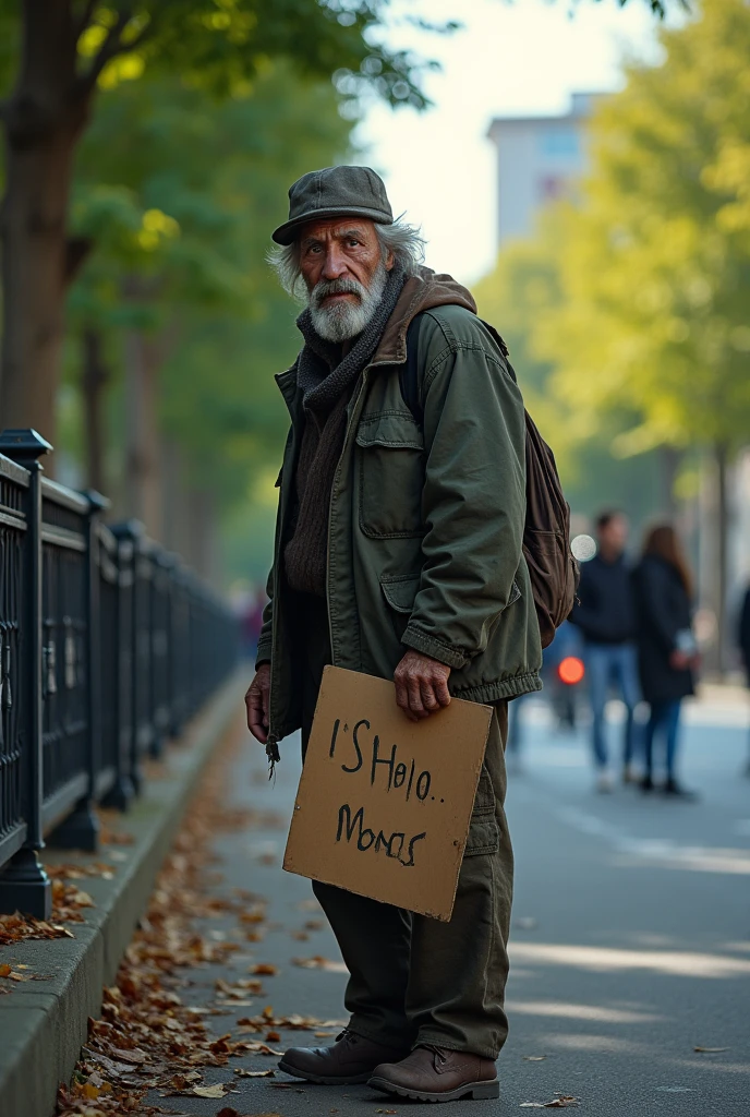 Image of a homeless man on the street outside a park asking for help or money